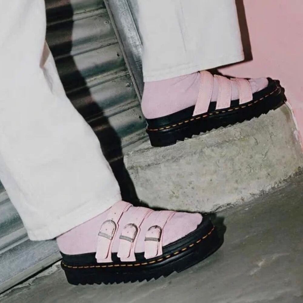 Doc Blaire Leather Slides Sandals Dr. Marten Pink Strap Size 6 Horseshoe Buckles